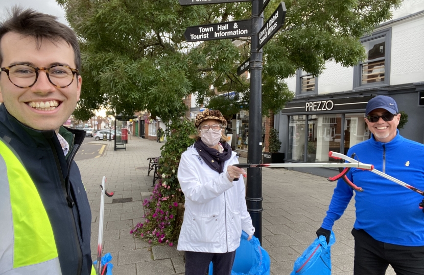 Ross Playle, Cllr. Sue Wilson and Cllr Kevin Atwill during the litter pick session in Witham